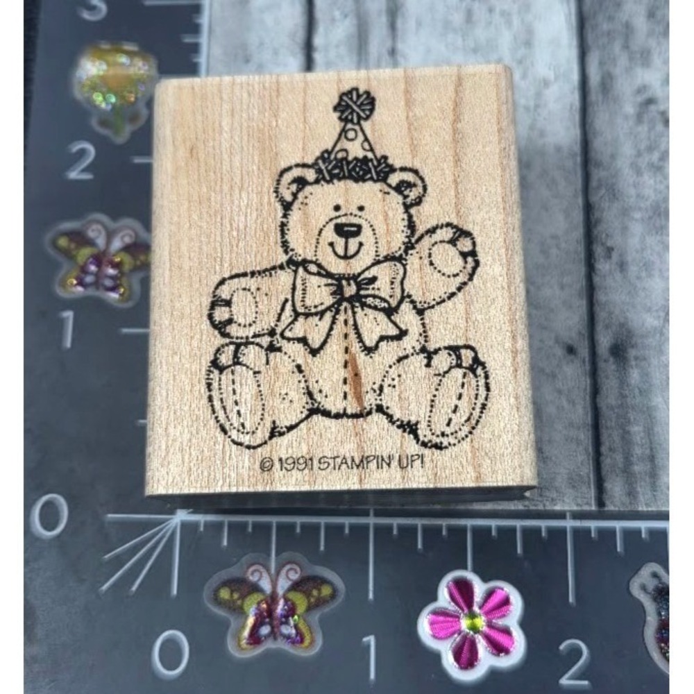 Stampin' Up! Party Hat Teddy Bear Bow Stitched 1991 Rubber Stamp Wood #G50